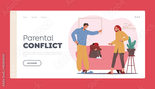 Parental Conflict Landing Page Template. Family Problem, Angry Parents Yelling, Scold Each Other. Mother and Father Yell