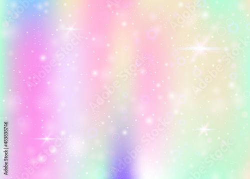 Magic background with rainbow mesh. Kawaii universe banner in princess colors. Fantasy gradient backdrop with hologram. Holographic magic background with fairy sparkles, stars and blurs.