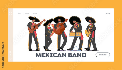 Mexican Band Landing Page Template. Mariachi Musicians Performance, Playing Guitar, Drums and Maracas Instruments