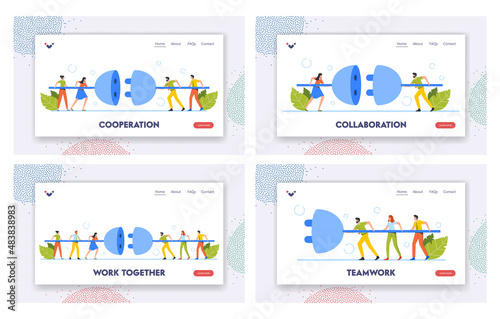 People Work Together Landing Page Template Set. Tiny Business Characters Connecting Huge Plug. Men and Women Connecting