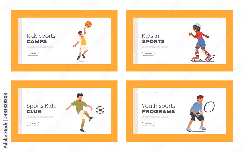 Kids Sports Activities Landing Page Template Set. Children Girls and Boys Characters Basketball, Ballet, Tennis, Soccer