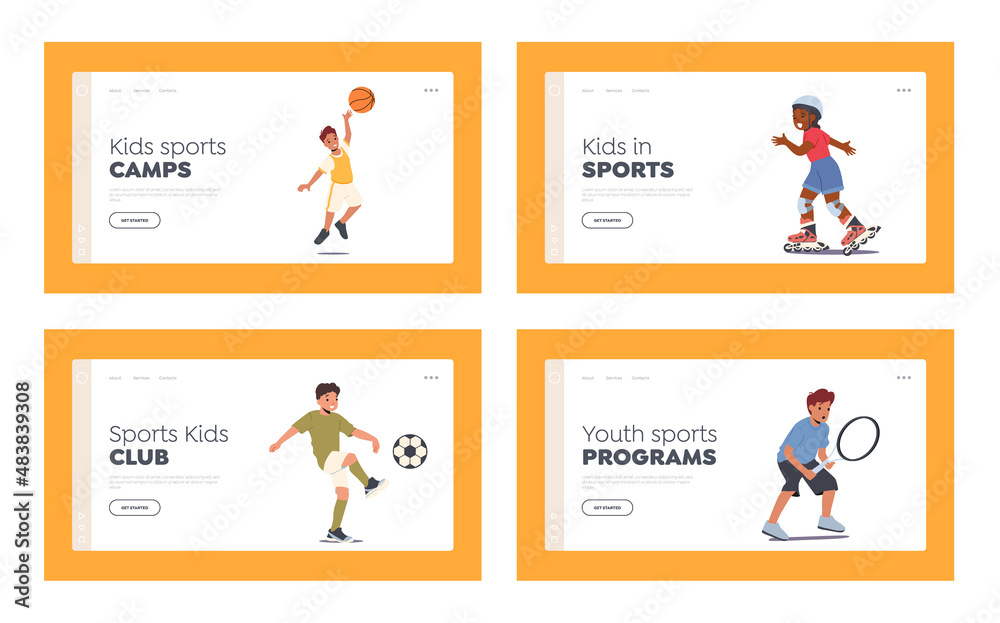 Kids Sports Activities Landing Page Template Set. Children Girls and Boys Characters Basketball, Ballet, Tennis, Soccer Kids Sports Activities Landing Page Template Set. Children Girls and Boys Characters Basketball, Ballet, Tennis, Soccer