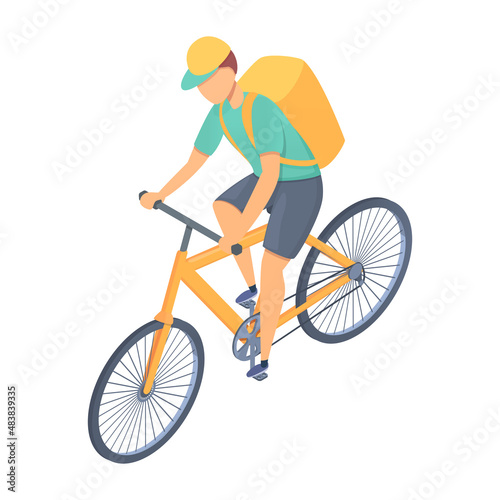 isometric courier on bike, vector illustration