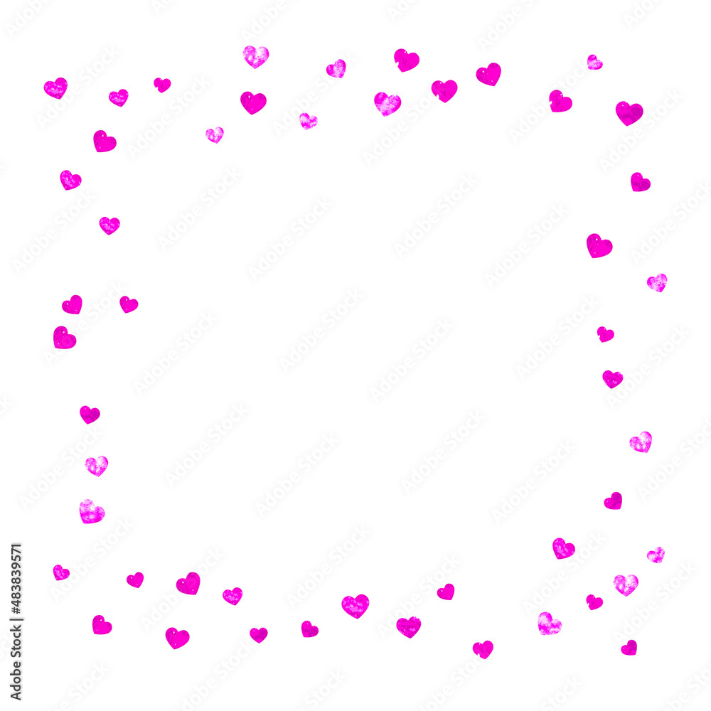 Valentine background with pink glitter hearts. February 14th day. Vector confetti for valentine background template. Grunge hand drawn texture. Love theme for gift coupons, vouchers, ads, events.