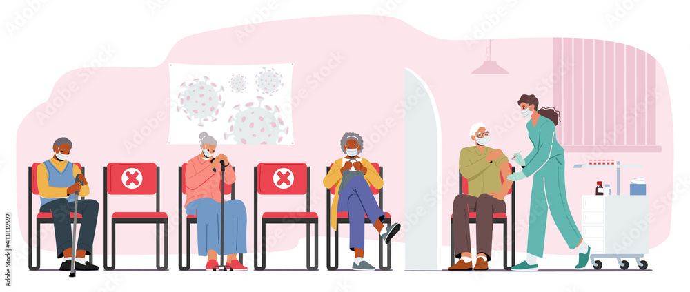 Old People Waiting Vaccination in Hospital Hall. Senior Male and Female Characters Applying Vaccine against Coronavirus