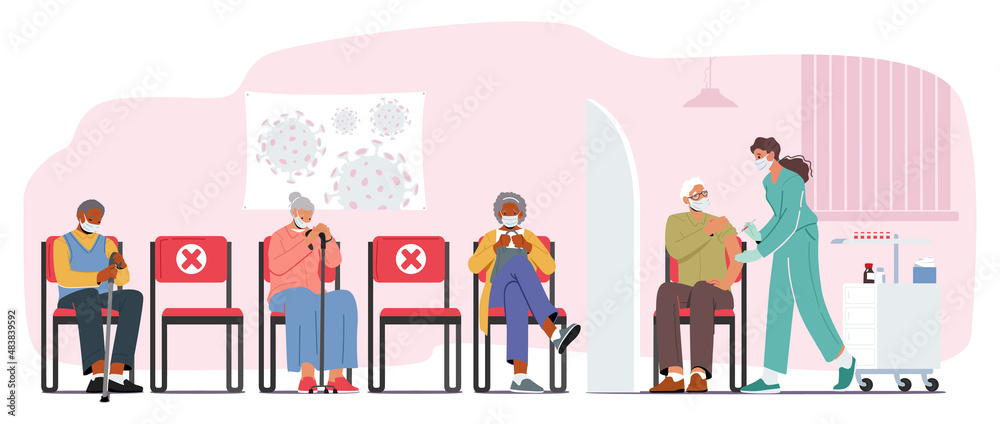 Old People Waiting Vaccination in Hospital Hall. Senior Male and Female Characters Applying Vaccine against Coronavirus Old People Waiting Vaccination in Hospital Hall. Senior Male and Female Characters Applying Vaccine against Coronavirus