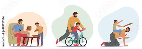 Set of Happy Family Characters Dad and Little Son Spend Time Together Building Bird House, Riding Bicycle, Playing