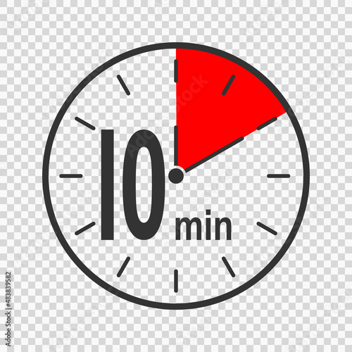 Clock icon with 10 minute time interval. Countdown timer or stopwatch symbol. Infographic element for cooking or sport game isolated on transparent background. Vector flat illustration.