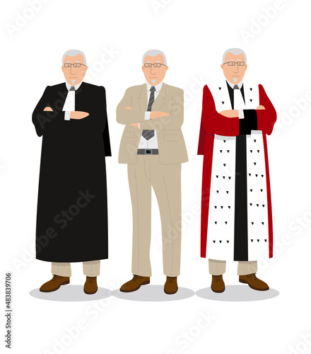 illustration représentant un homme de loi, procureur, magistrat ou bien avocat en robe et en civil. Il travail au ministère de la justice photo