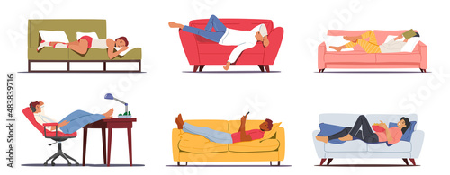 Set of Lazy Characters Relaxing during Weekend at Home Sleeping, Surfing Internet, Eating Junk Food. Weekend Recreation