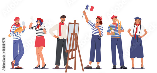 Set of Typical French People Mime, Painter, Women in Beret with Flag, Man Holding Baguettes and Wineglass