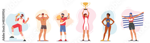 Sportsmen and Sportswomen Champions with Medals and Flags. Win, Victory Concept. Young Happy Characters Holding Trophy