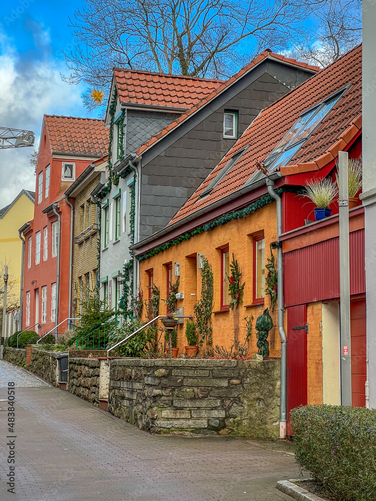Historic houses in St. Jürgen, tourist attraction in Flensburg, Schleswig Holstein, Germany