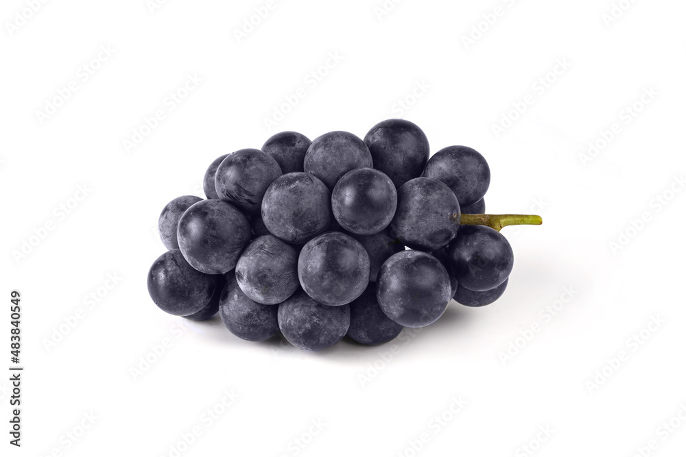 Black grape with leaves on white background.