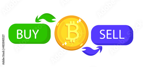 Buying and Selling Bitcoin concept web banner. Cryptocurrency and mining crypto coins vector illustration