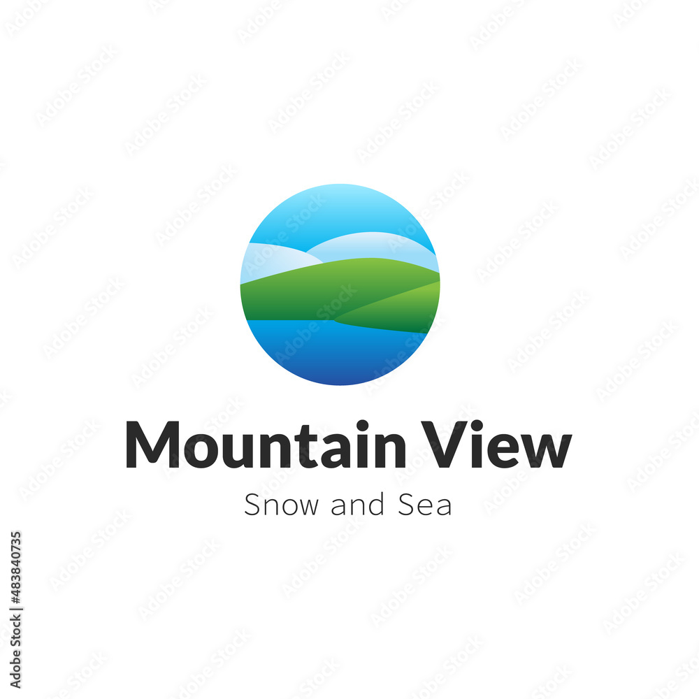 Nature view logo with snowy mountains and sea Nature view logo with snowy mountains and sea