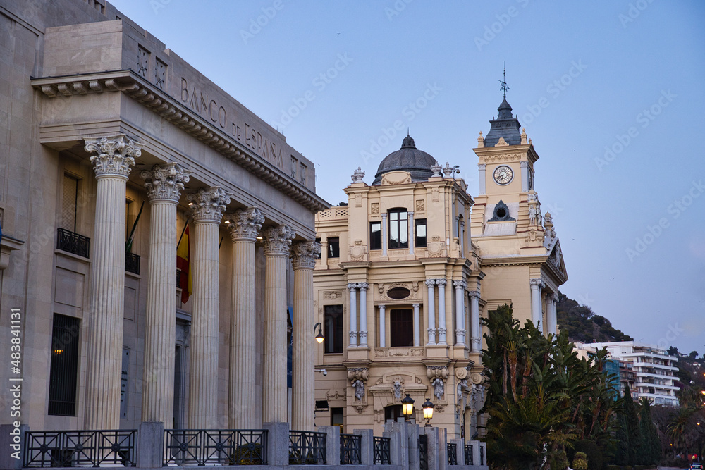 Bank of Spain and Malaga City Hall in the background