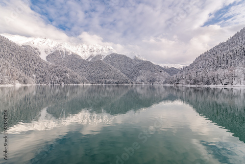 Mountaineous winter lake Ritsa in Arkhaziain winter time