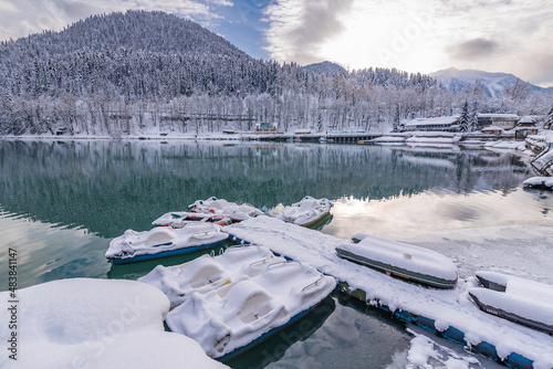 Mountaineous winter lake Ritsa in Arkhaziain winter time