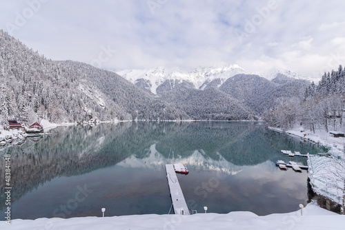 Mountaineous winter lake Ritsa in Arkhaziain winter time photo