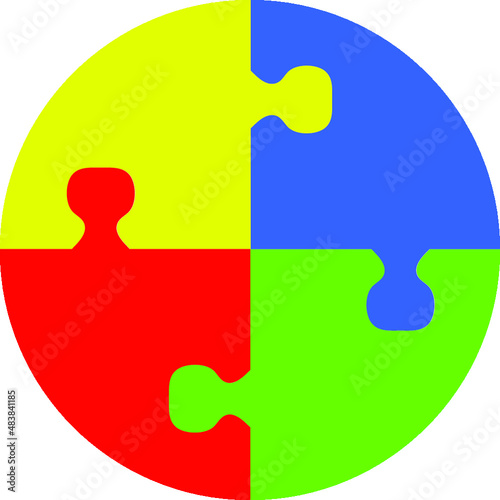 Four pieces of jigsaw puzzle or teamwork concept flat vector color icon
