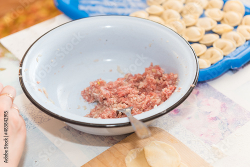 Minced meat in a bowl. Cook dumplings. Russian traditional food. Organic products.