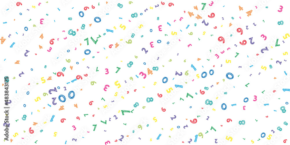 Falling colorful messy numbers. Math study concept with flying digits. Appealing back to school mathematics banner on white background. Falling numbers vector illustration.