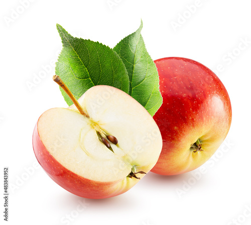 red apples with green leaf with clipping path isolated on a white background