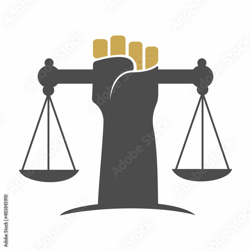 Justice Scales in Hand logo template design. Revolution justice logo concept.