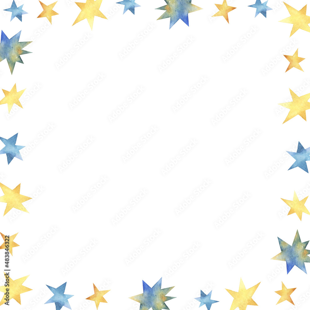 Yellow and blue watercolor stars clipart square frame, white background, simple stars arrangement, space for text, premade design, whimsical, fun, kids themed graphics Yellow and blue watercolor stars clipart square frame, white background, simple stars arrangement, space for text, premade design, whimsical, fun, kids themed graphics