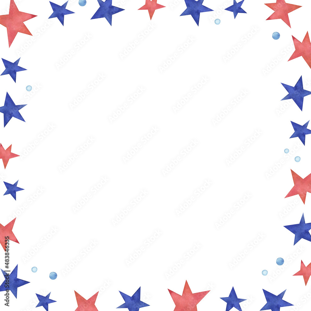 Blue and red watercolor stars clipart square frame, white background, simple stars arrangement, space for text, premade design, whimsical, fun, kids themed graphics Blue and red watercolor stars clipart square frame, white background, simple stars arrangement, space for text, premade design, whimsical, fun, kids themed graphics