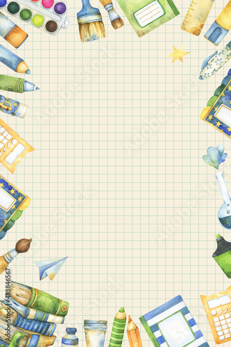 Whimsical back to school, study, learning and education related vertical banner, card with watercolor stationery items notebooks, art supplies frame and stack of books, on vintage page background