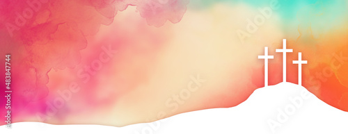 Fotografering Easter background design of three white crosses on watercolor sunrise background