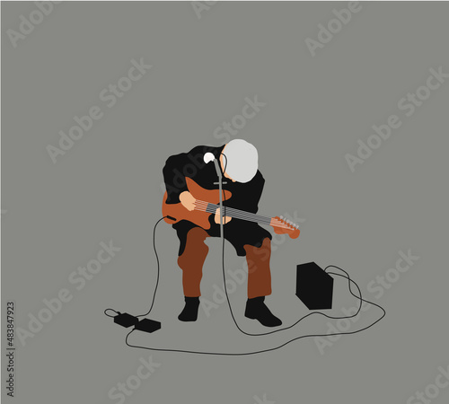 Street musician playing a guitar during a performance in town. Street musician artist performance concept. Vector illustration.