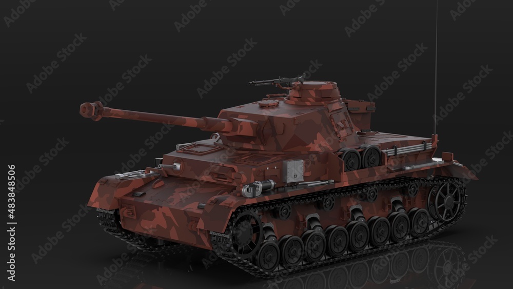 Metallic military red camo painting tank on flash lighting background. Concept image of power strength, dynamic strategy and Strong system. 3D illustration. 3D high quality rendering. 3D CG. Metallic military red camo painting tank on flash lighting background. Concept image of power strength, dynamic strategy and Strong system. 3D illustration. 3D high quality rendering. 3D CG.