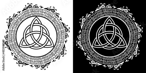 Triquetra circular runic frame. Celtic knot, a triangular figure, used in ancient ornamentation, surrounded by a border, made of runes. Vector Illustration.Trinity knot icon black and white color photo