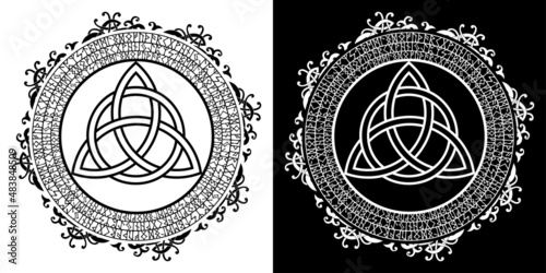 Triquetra circular runic frame. Celtic knot, a triangular figure, used in ancient ornamentation, surrounded by a border, made of runes. Vector Illustration.Trinity knot icon black and white color