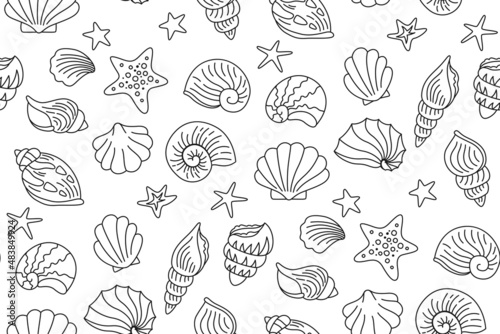 Seashells doodle hand drawn wallpaper. Ocean marine shell, starfish spiral mollusk, conch sink scrapbook seamless pattern. Water design elements outline repeat ornament. Contour vector texture fabric