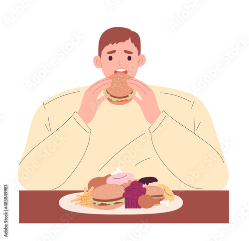Person overeats high-calorie foods. Eating disorders, food addiction. Fat, sweet, and salty foods