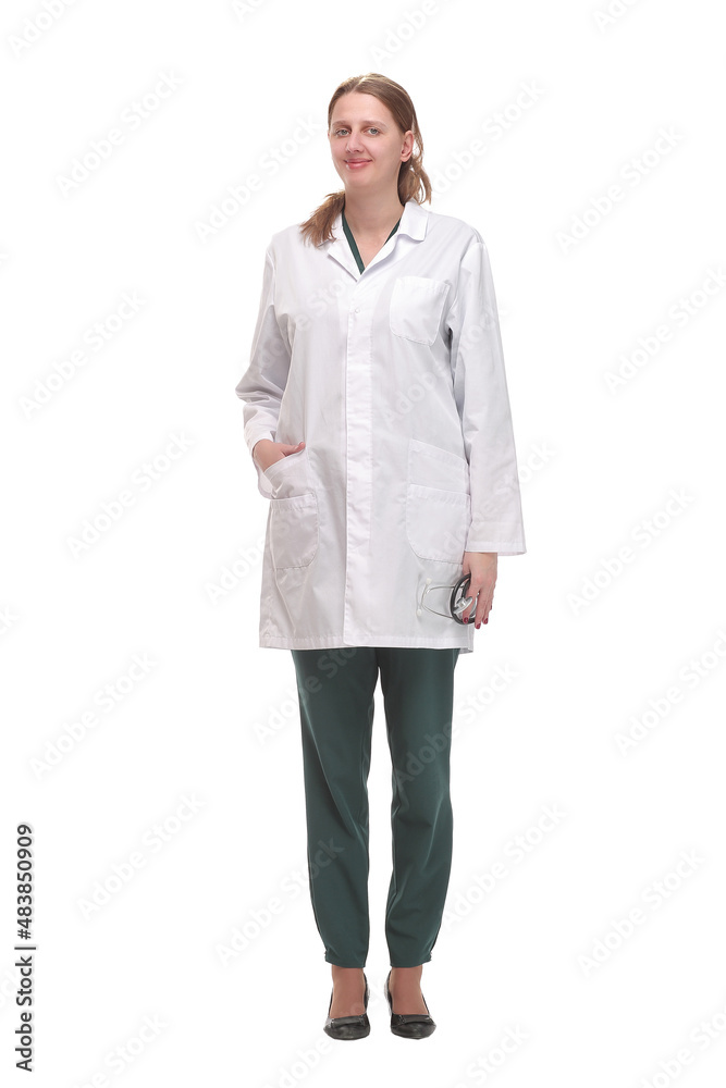 Full length of a female doctor standing against isolated white background Full length of a female doctor standing against isolated white background