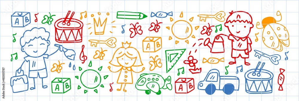 Vector pattern with little children. Kindergarten. Imagination. Creativity. Play.