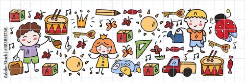 Vector pattern with little children. Kindergarten. Imagination. Creativity. Play.