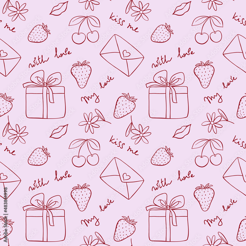 Vector seamless pattern for Valentine's Day in the style of doodles. Love inscriptions, strawberries, letter, gift in a box, flowers. Pink background for holiday cards, wrapping paper, wallpaper, etc