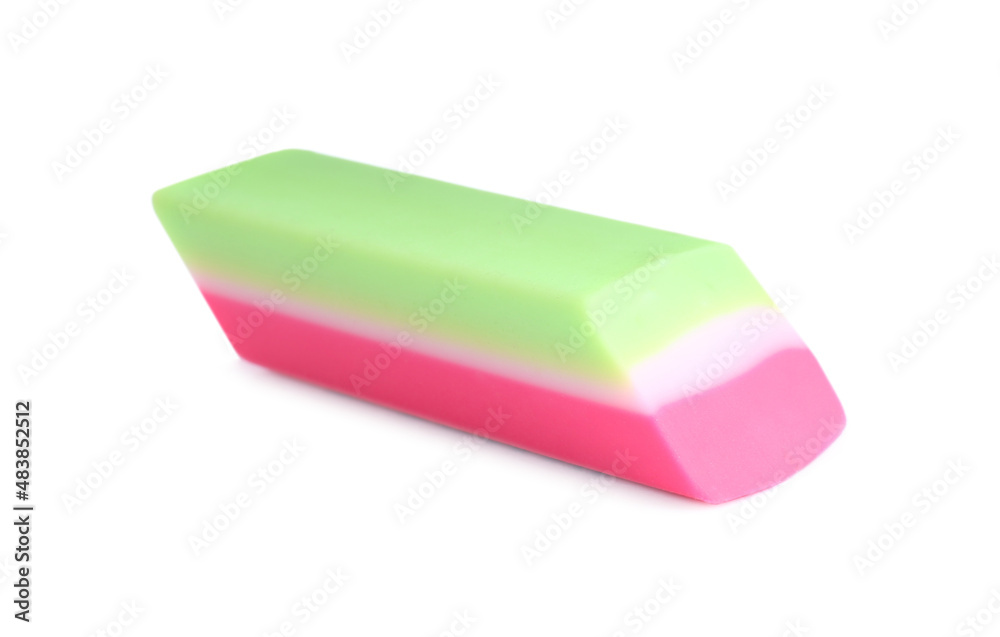 New bright eraser isolated on white. School stationery