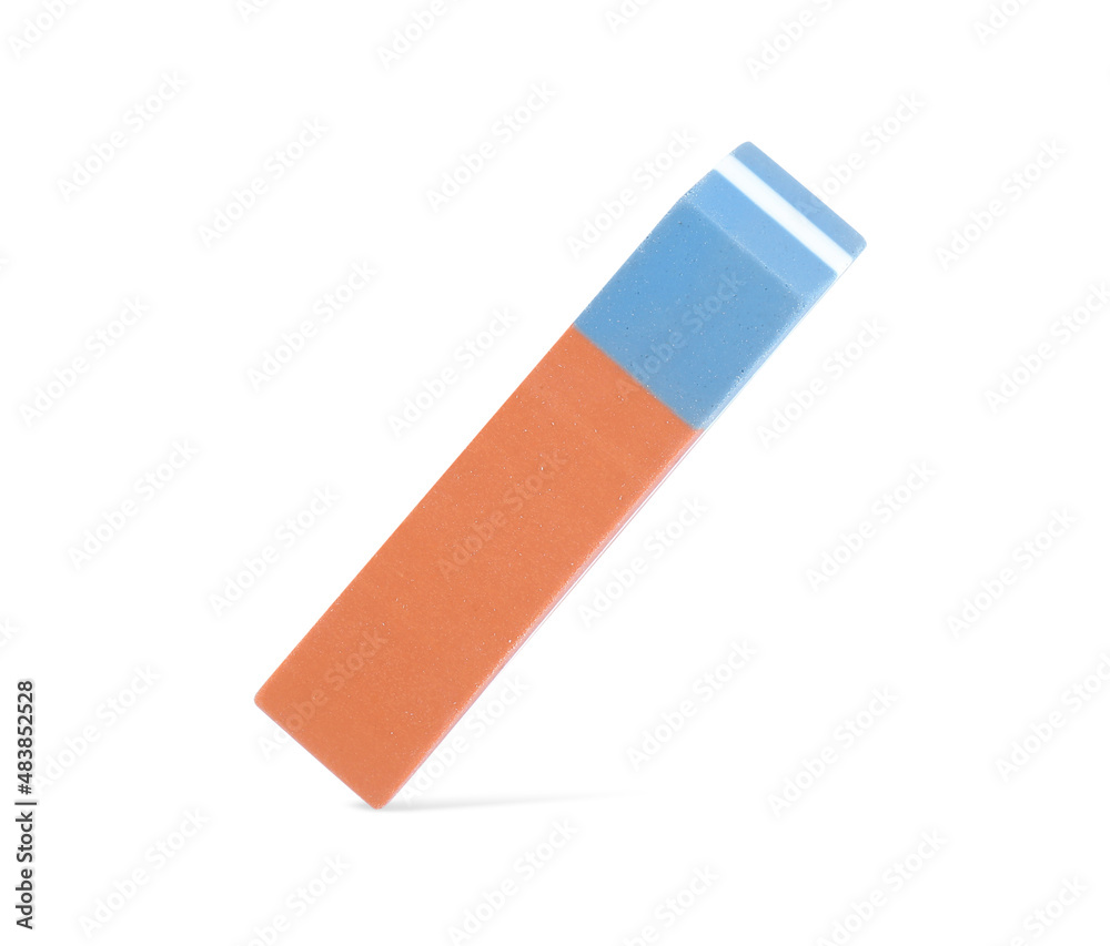 New double eraser isolated on white, top view. School stationery New double eraser isolated on white, top view. School stationery