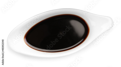 Bowl of soy sauce isolated on white, top view