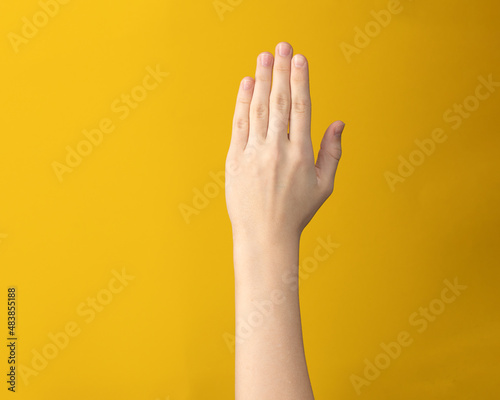 Female hand isolated showing five fingers thumb, index, middle, ring and little.