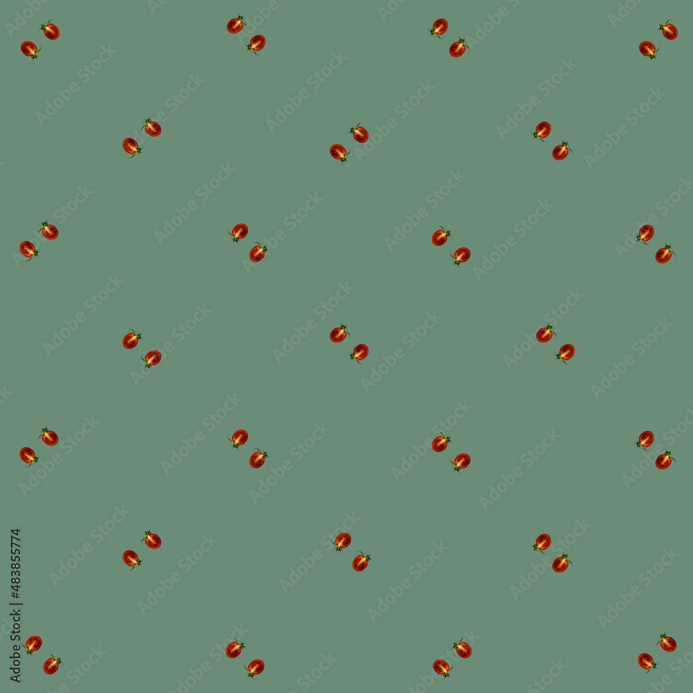 Colorful pattern of fresh red tomatoes on green background. Top view. Flat lay. Pop art design Colorful pattern of fresh red tomatoes on green background. Top view. Flat lay. Pop art design