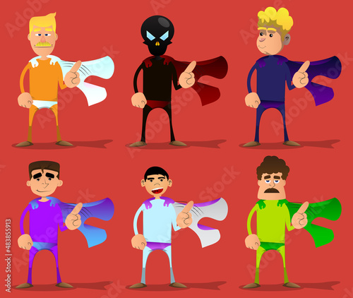 Funny cartoon man dressed as a superhero saying no with his finger. Vector illustration.