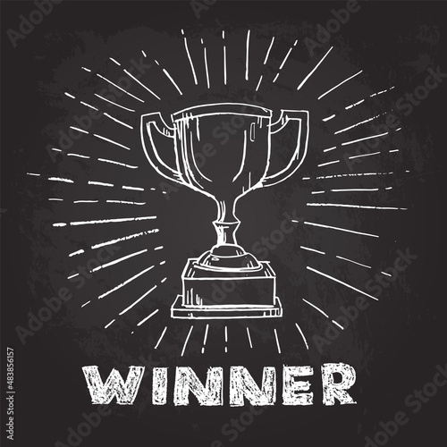 Hand draw trophy sketch doodle on black chalkboard.